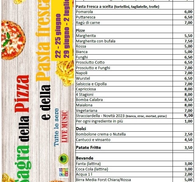 Listino sagra della Pizza e Pasta Fresca 2023
